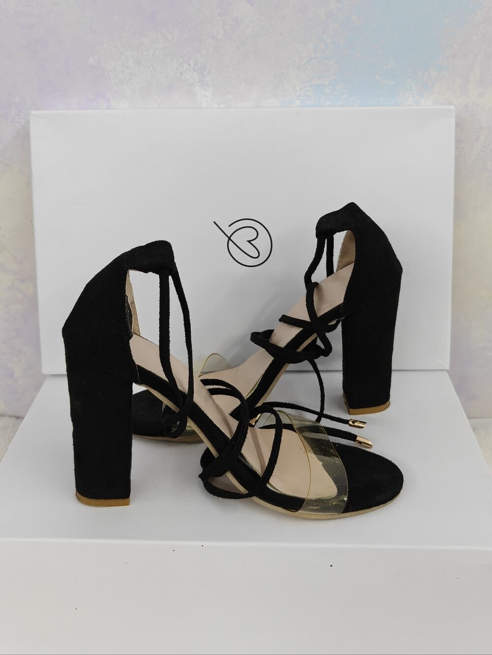 Strappy Block Heel Sandals with Clear Toe Strap 5.5 Black